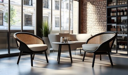 Fototapeta premium A modern urban apartment interior featuring sleek design, ambient lighting, and bold geometric patterns