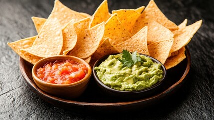 A tasty plate of crispy chips accompanied by a rich and flavorful gui sauce perfect for snacking and sharing
