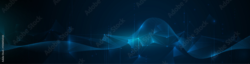 Fototapete Illustration vector abstract wave, flow line, motion pattern and particle dot on dark blue background. Modern futuristic, big data design for background. Digital datum, high tech, technology concept