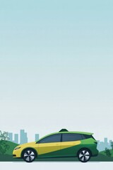 illustration of eco-friendly taxi with vibrant green and yellow colors against minimalistic urban landscape in flat
