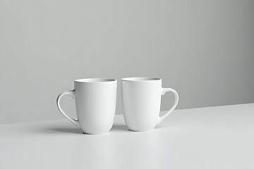Two simple white mugs stand side-by-side on a plain white surface.