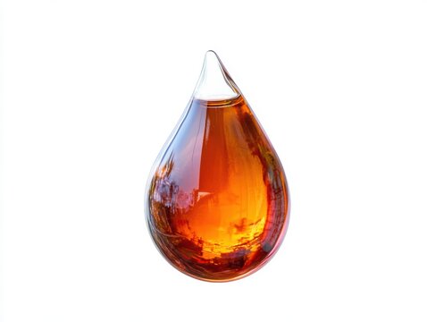 Amber liquid drop, isolated background.