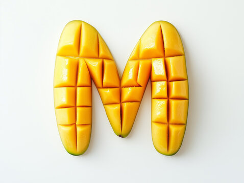 a letter M made of sliced mango. top view. Minimalistic design on a plain white background
