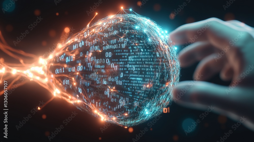 Poster hand holding a sphere covered in binary code illustrating the concept of digital data and informatio