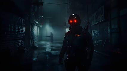 Fototapeta premium A sleek, highly advanced assassin with robotic enhancements, glowing red cyber-eyes, and a futuristic sniper rifle, blending into a dark alleyway filled with holographic mist