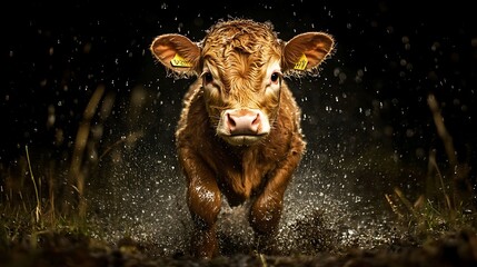 Naklejka premium A Lively Calf Galloping Through Mud, Showcasing Rural Energy and Joy