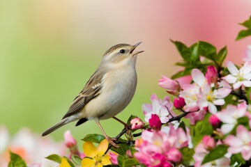 Singing Bird Perched on Blooming Branch Surrounded by Colorful Flowers