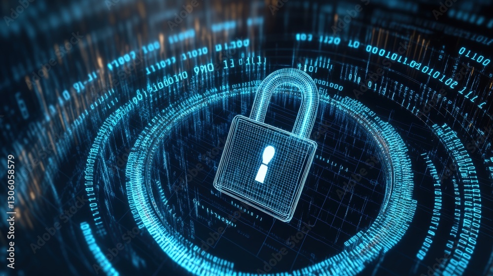 Poster a conceptual image of a padlock set against a digital background symbolizing security and data prote