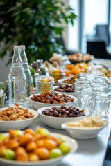Fototapeta premium A simple yet elegant iftar arrangement in the office, featuring fresh dates, water, and a variety of halal snacks. Employees take their seats, ready to eat.