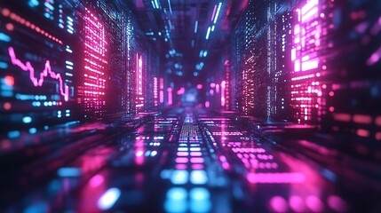 Virtual financial metaverse image featuring holographic cryptocurrency elements.