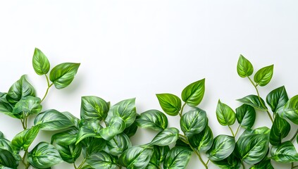 Fresh green leaves border on white background