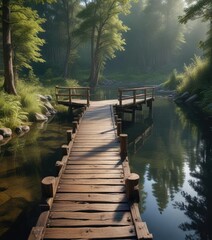 Fototapeta premium Majestic wooden bridge pier standing alone in a forest lake, one, wooden.