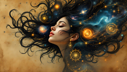 Cosmic Dreamer Woman with Universe Flowing Through Her Hair