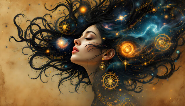 Cosmic Dreamer Woman with Universe Flowing Through Her Hair
