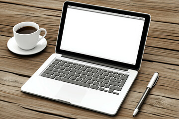 Fototapeta premium A blank laptop on a wooden table beside a cup of coffee and a pen, ready for work or study, with a blank screen inviting creativity.