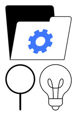 Open folder with blue gear, magnifying glass, and lightbulb signifying organization, problem-solving, analysis, search, innovation, management and creativity. Ideal for ideas research planning