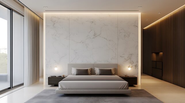 Sophisticated bedroom featuring a luxurious bed with marble accent wall