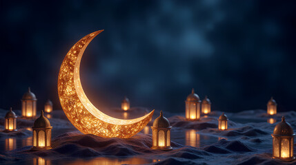 Golden crescent moon with intricate Islamic patterns and lanterns on deep blue background - Ramadan Kareem