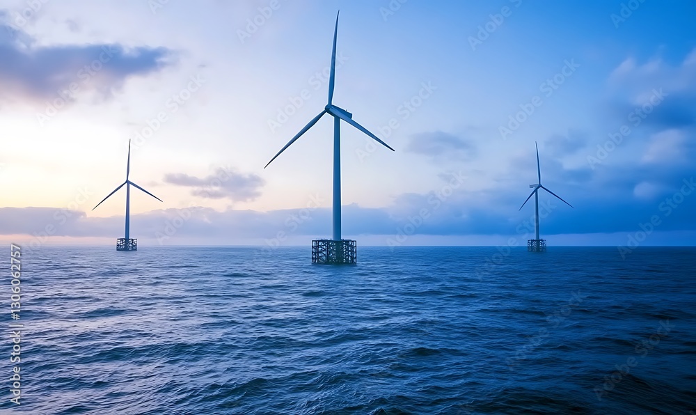 Poster a floating offshore platform with wind turbines, showcasing renewable energy technology in a marine 