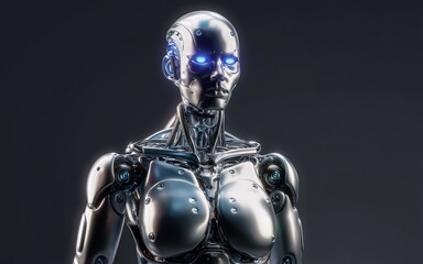 Naklejka premium Metallic robot woman, studio shot