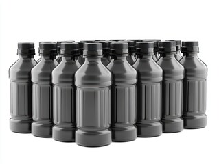 Twenty dark grey plastic bottles.