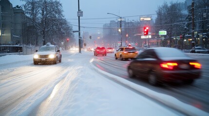Obraz premium Snowy City Street at Dusk with Cars Passing