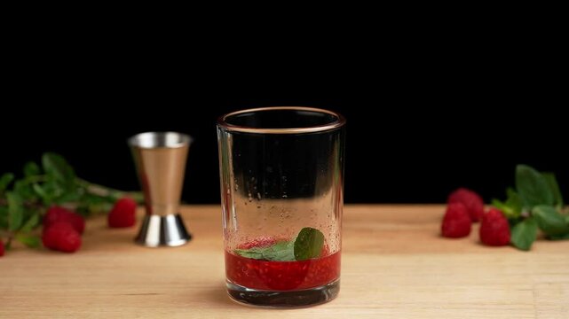 Preparing a raspberry mojito, mint leaves slowly falling into a glass to prepare a mojito