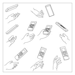 リモコンを持つ手のセット。白黒のベクターイラスト。