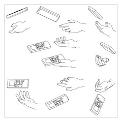 リモコンを持つ手のセット。白黒のベクターイラスト。