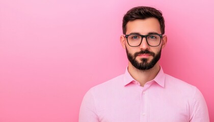 Obraz premium A young man with glasses poses against a pink background, wearing a light pink patterned shirt, exuding confidence and style.
