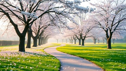 Fototapeta premium Scenic Cherry Blossom Pathway: Tranquil Park Scene with Blooming Pink Trees in Natural Light
