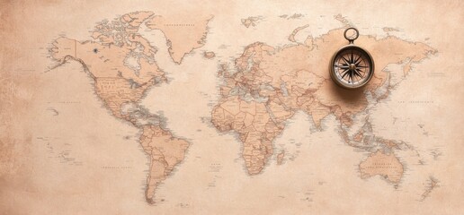 Vintage World Map with Compass, Exploration Theme