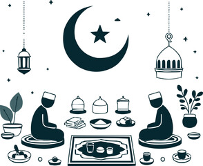 Ramadan Islamic Vector Illustration with Crescent Moon, Mosque, Food, and Festive Icons