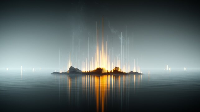 Explosive eruption unknown island abstract art digital realm aerial view visual impact