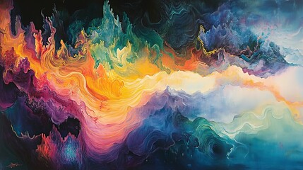 Colorful abstract painting showcasing swirling vibrant cloudlike patterns
