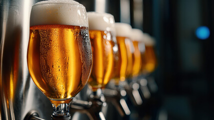 Glass and mug of cold beer with foam on a dark bar background
