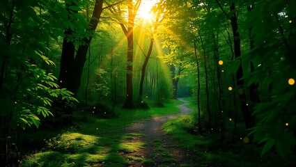 Obraz premium Magical Forest Pathway Illuminated by Sunlight and Fireflies