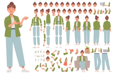 Constructor cute woman character in casual clothes. Housewife or freelancer. Set of different positions of arms legs body and head for creating animation