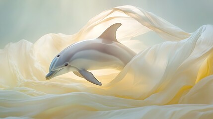 Fototapeta premium Serene Dolphin Among Softly Draped Fabric Evoking Ocean Dreams and Peace