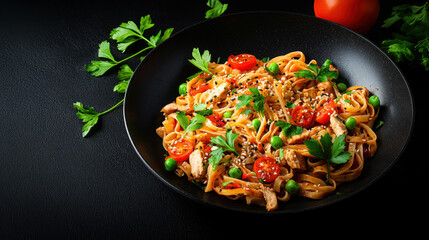A healthy stir-fried chicken and vegetable dish with rice, featuring fresh ingredients like onions, tomatoes, and peppers in a sizzling hot pan