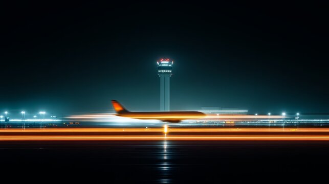 Airplane taking off from a brightly lit airport runway at night, air traffic control tower illuminated in the background, blurred motion of the plane