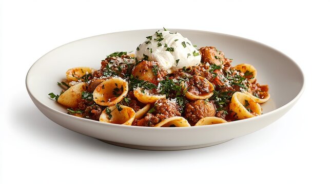 Delicious orecchiette pasta with meat sauce kitchen food photography indoor close-up