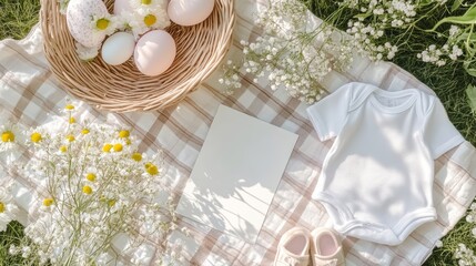 Easter-themed pregnancy announcement with pastel wildflowers, baby items, and blank space. International Day of Families