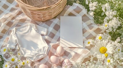 Easter-themed pregnancy announcement with pastel wildflowers, baby items, and blank space. International Day of Families