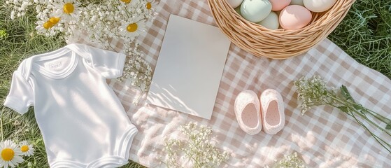 Easter-themed pregnancy announcement with pastel wildflowers, baby items, and blank space. International Day of Families
