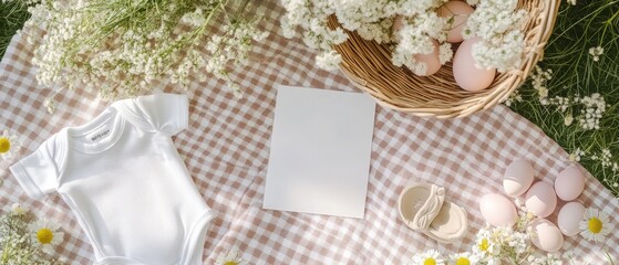 Easter-themed pregnancy announcement with pastel wildflowers, baby items, and blank space. International Day of Families