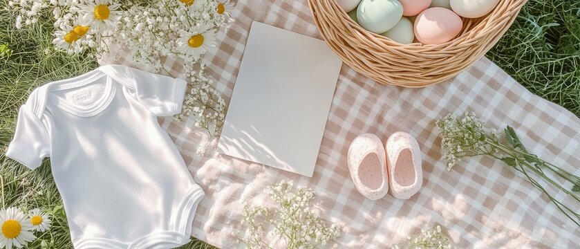 Easter-themed pregnancy announcement with pastel wildflowers, baby items, and blank space. International Day of Families