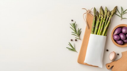 Fresh asparagus and herbs on a wooden board culinary preparation neutral background