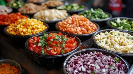 Fototapeta premium Fresh Colorful Ingredients in Bowls at a Vibrant Market Stall