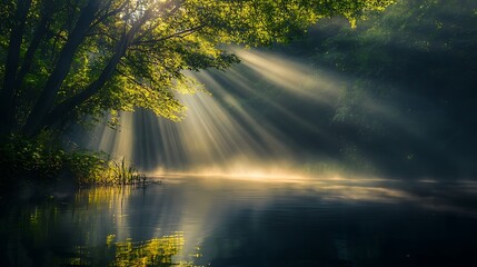 Sunbeams pierce the misty waters of a forest lake, creating a mystical view